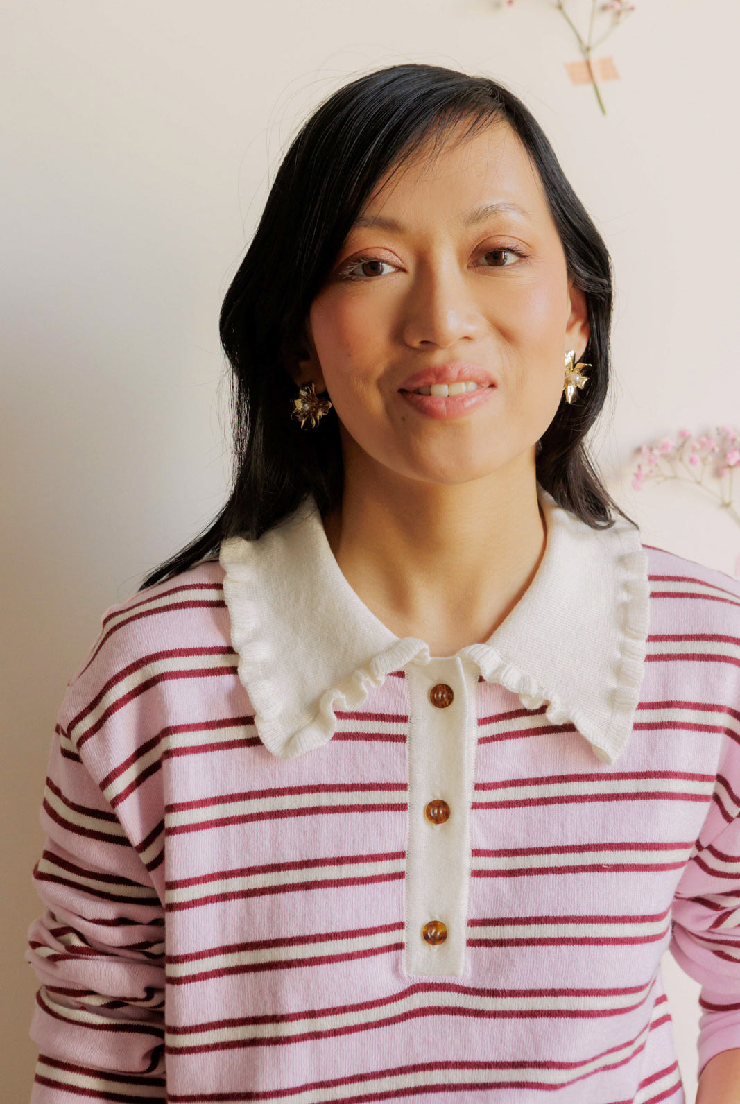 Petite-and-so-what-pink-polo-shirt-with-burgundy-stripes-for-women-petite-clementine